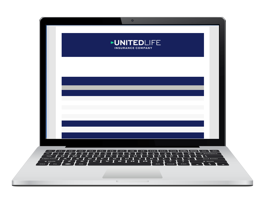 laptop showing image of united life logo and a rate pdf on screen