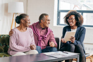 Seniors getting professional advice on tablet from searching with AI